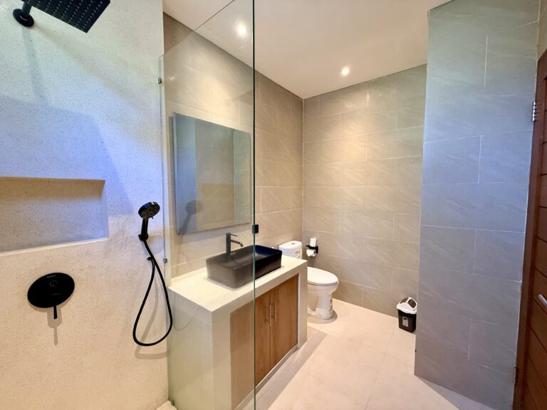 Walk-in shower with glass screen, black fixtures and stone vanity